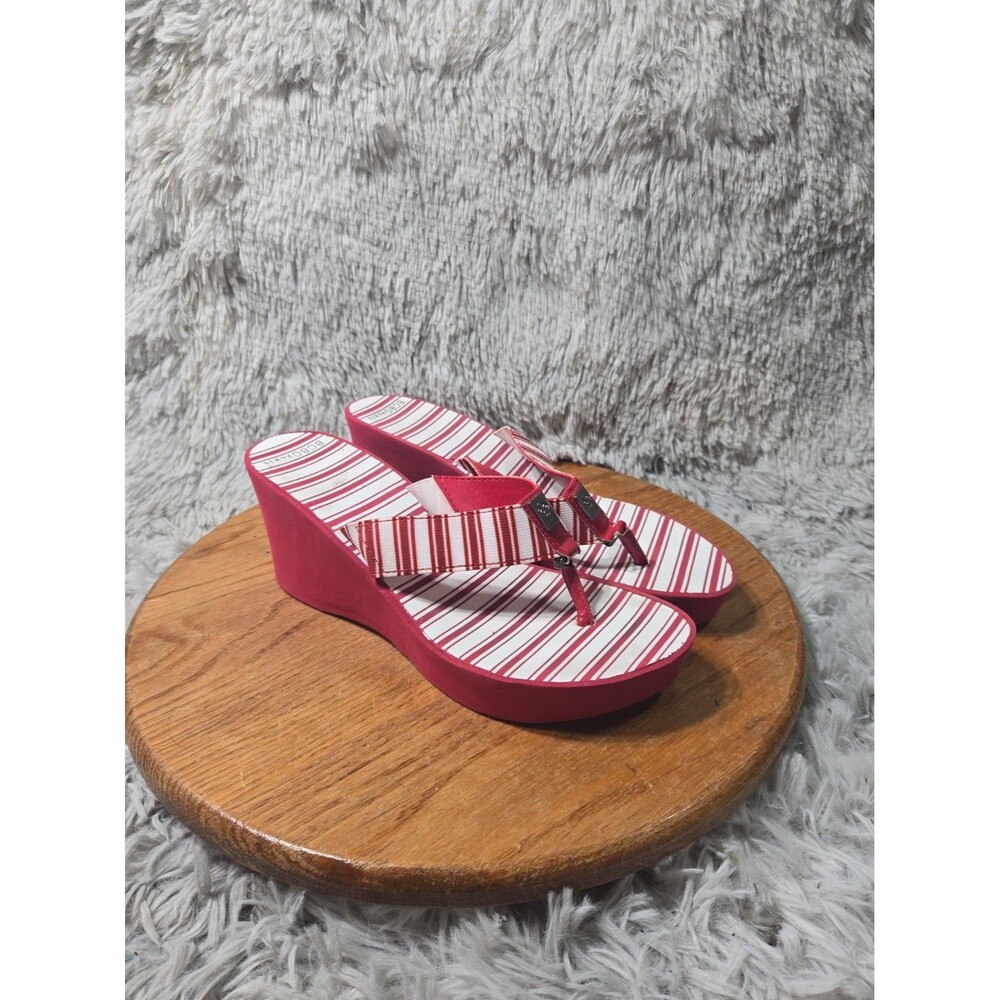 BCBG Paris Womens Red White Stripe Platform Wedge Thong Sandal Size 9B EU 39